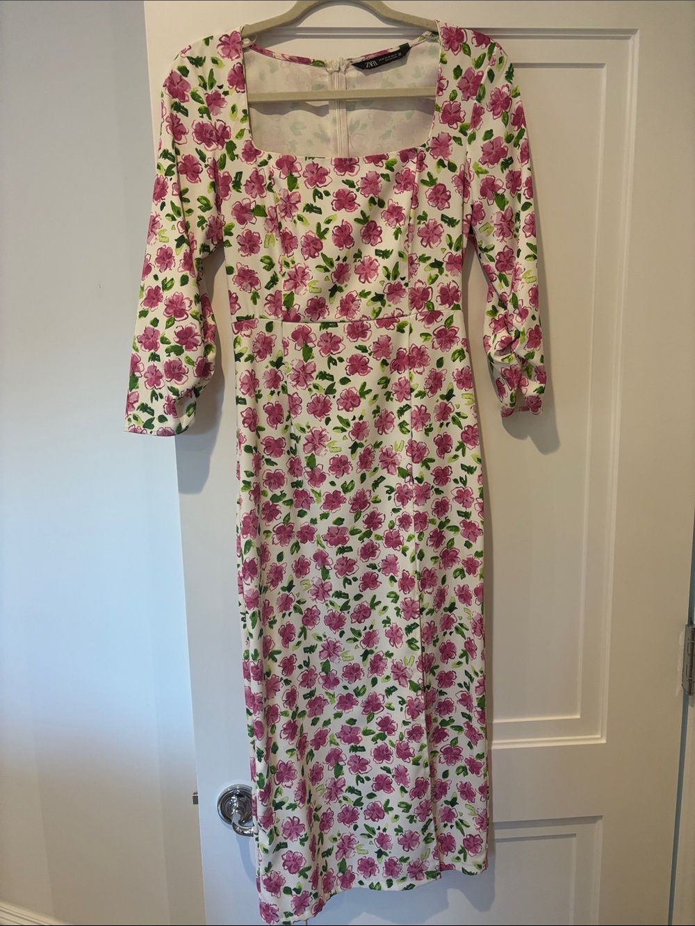 ZARA Floral Square-Neck Midi Floral Dress in Pink and White size XS